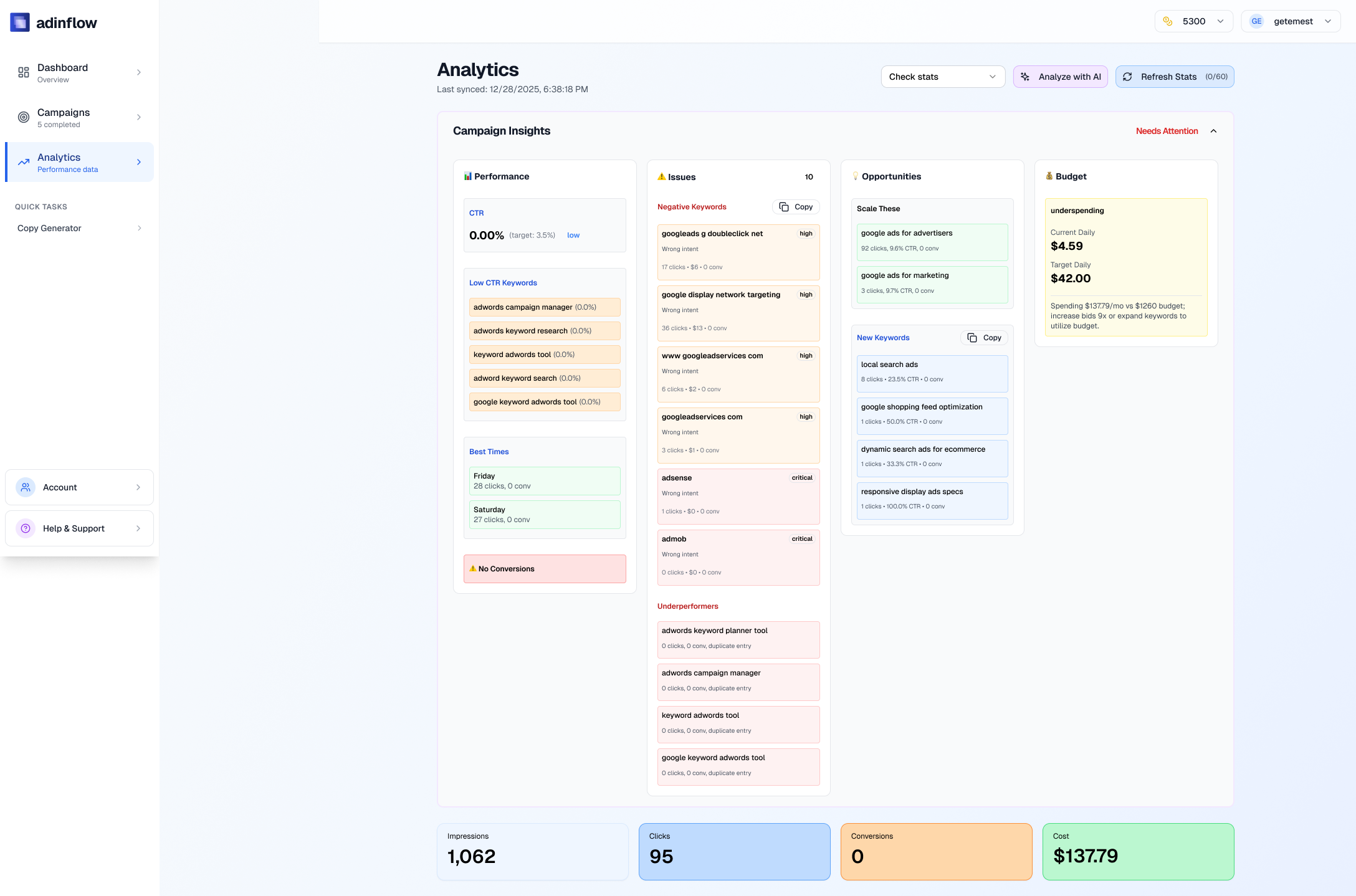 AI Analytics update adinflow for google ads