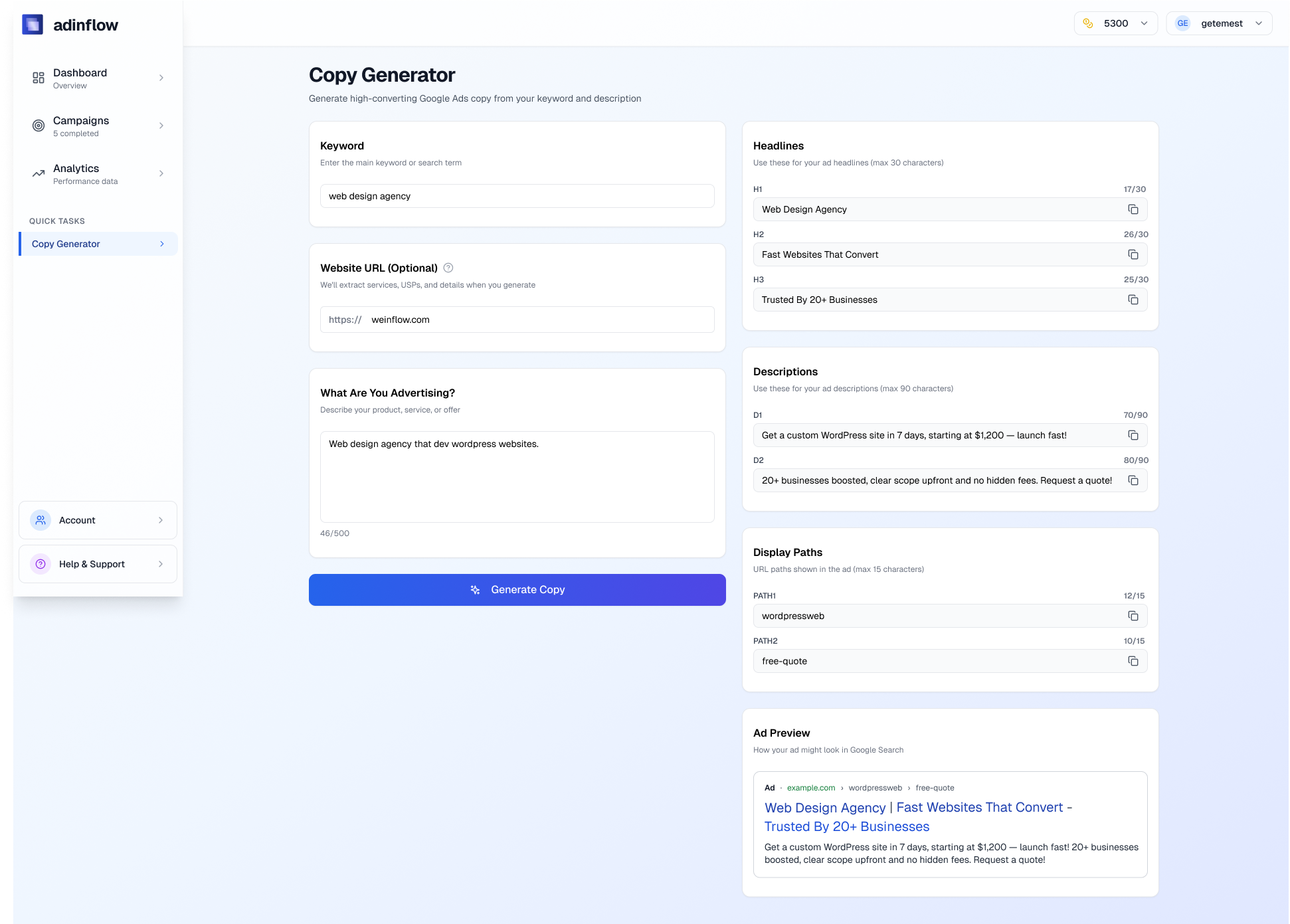 Copy Generator google ads text generator